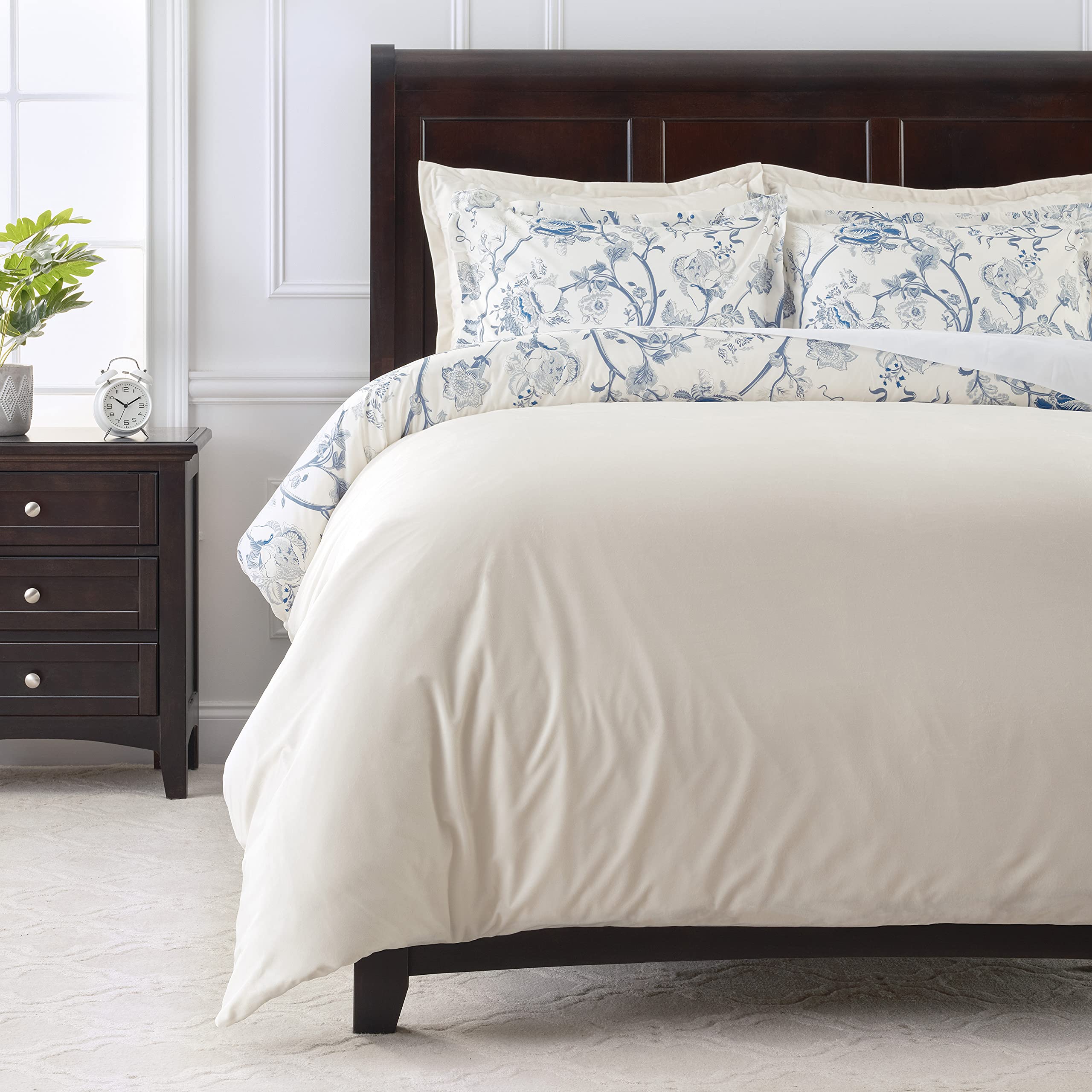 Chanasya Premium 5-Piece Reversible Ultra Soft Brushed Microfiber Velvet Bedding Comforter Duvet Cover Set - Blue Cream Toile Pe